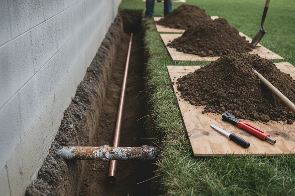 Excavated water line trench during Sewer Line Repair in Picayune